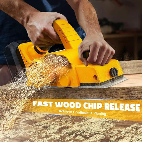 Person using Cordless Three And A Quarter Inch Hand Planer With Brushless 15000 RPM 82 Millimeter Width Depth 0 To 2 Millimeter on wood