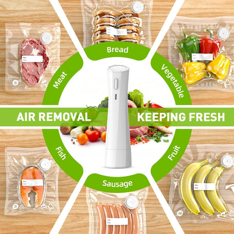 Handheld white cordless vacuum sealer with USB recharge, shown with bags of meat, bread, veggies, fruit, fish, sausage.
