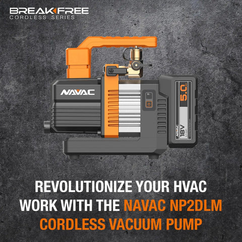 Cordless Vacuum Pump for HVAC Service With Battery Power and Check Valve NAVAC NP2DLM with brushless DC motor, side view