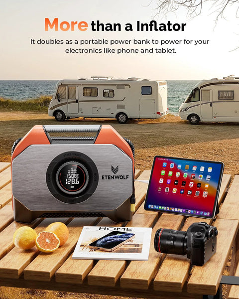 ETENWOLF VORTEX S6 tire inflator, cordless orange air compressor with digital display.
