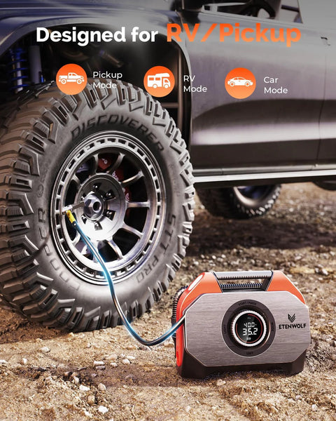 ETENWOLF VORTEX S6 tire inflator portable air compressor, cordless orange pump with 19200 mAh battery.