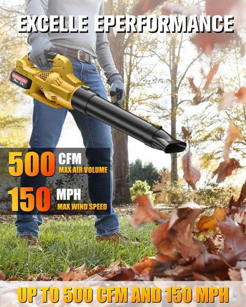 Person using yellow Cordless Leaf Blower With Dewalt 20V Max Battery Compatibility, 6 Speed Levels, 500 CFM Air Flow, 150 MPH Wind