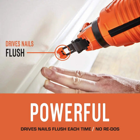 Cordless 16 Gauge Angled Finish Nailer With Battery Power And No Compressor Needed Model 902400 being used for flush nail driving