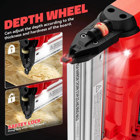 Enjoy versatile cordless fastening with this 2 in 1 Brad Nailer and Stapler, compatible with Milwaukee 18V batteries not included, showing depth wheel and safety lock.