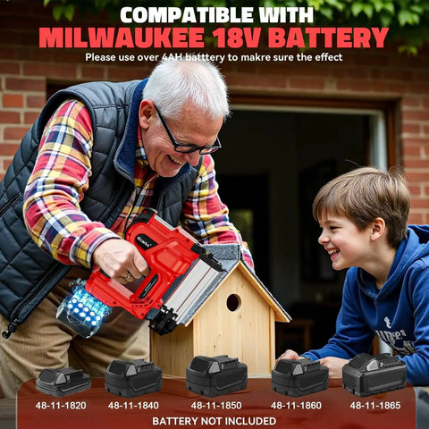 Elderly man using a cordless 2-in-1 Brad Nailer and Stapler, compatible with Milwaukee 18V batteries, to build a birdhouse.