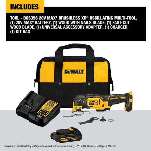 20V Max XR Oscillating Tool Kit with blades, charger, and accessories displayed with bag, featuring brushless cordless multitool.