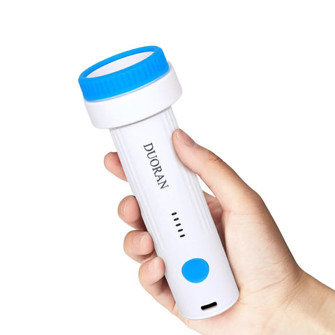 DUORAN cordless USB-rechargeable vacuum pump, white handheld device with blue circular button and blue cap.