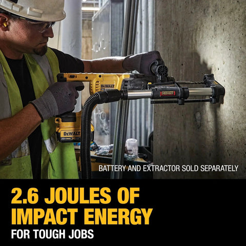 Worker using Efficient 20V Max SDS Plus 1 In Rotary Hammer with D-Handle delivers 2.6 Joules of impact energy on concrete wall