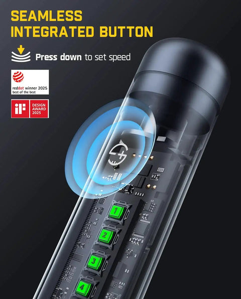Close-up of Cordless Rotary Tool Kit with seamless integrated button for speed adjustment, highlighting design awards.