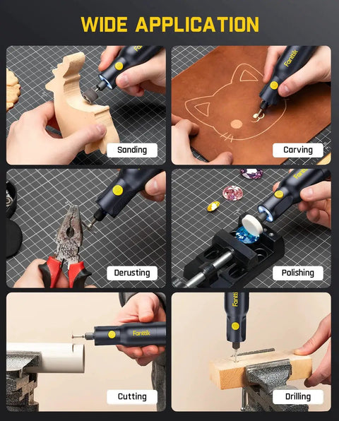 Cordless Rotary Tool Kit With Magnetic Motor And Revostor Hub 5 Speed Settings used for sanding, carving, derusting, polishing, cutting, drilling
