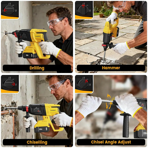 Cordless SDS Plus Rotary Hammer Drill For Dewalt 20V Max in use for drilling, chiselling, and hammering in concrete and masonry work.