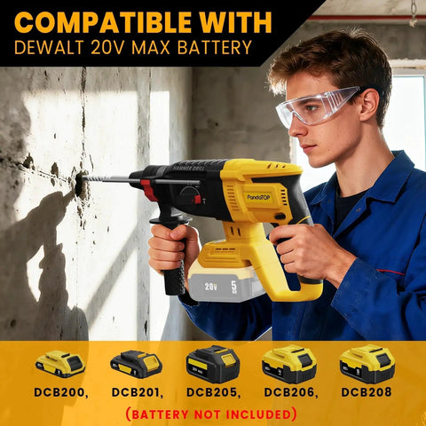 Man using Cordless SDS Plus Rotary Hammer Drill For Dewalt 20V Max Brushless With 4 Modes And 5 Drill Bits on concrete wall