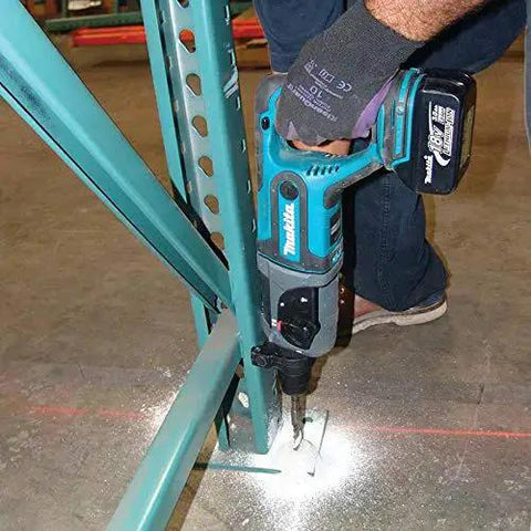Cordless SDS-Plus 7/8 inch rotary hammer with three modes in use for drilling in metal beam, showing tool-only design and 18V LXT compatibility.