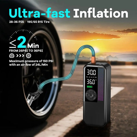 Portable Tire Inflator Air Compressor 150 PSI Cordless shown inflating car tire with LED display at sunset.