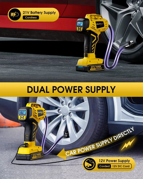 Portable Tire Inflator With Dual Power Modes, 21V Cordless Rechargeable Battery Powered Air Compressor by a car wheel