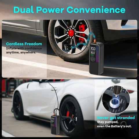 Dual power portable tire inflator air compressor 150 PSI cordless with 6000mAh battery and car plug used on sports car tire