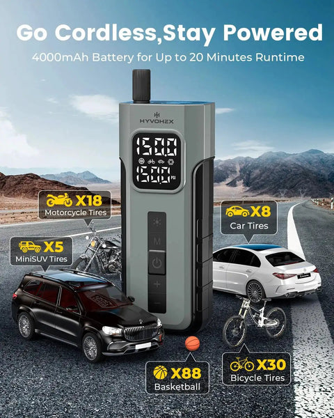 Cordless Tire Inflator Portable Air Compressor With Digital Pressure Gauge And LED Light, 150 PSI Electric Pump, shown with vehicles and basketball