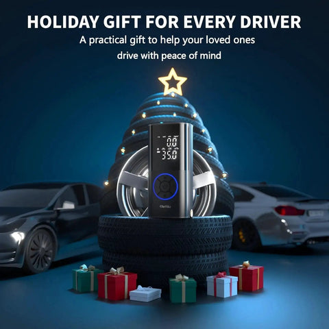 Portable Cordless Tire Inflator With Dual Hose System, 160 PSI Auto Air Pump displayed with holiday gift background and cars