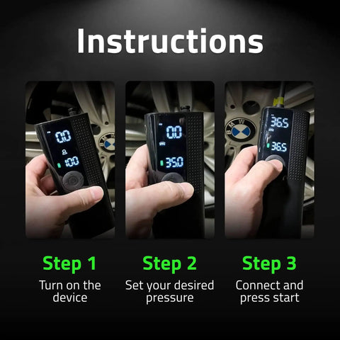 Instructions for Cordless Tire Inflator With Power Kit Bundle, showing pressure settings and connection on digital screen.