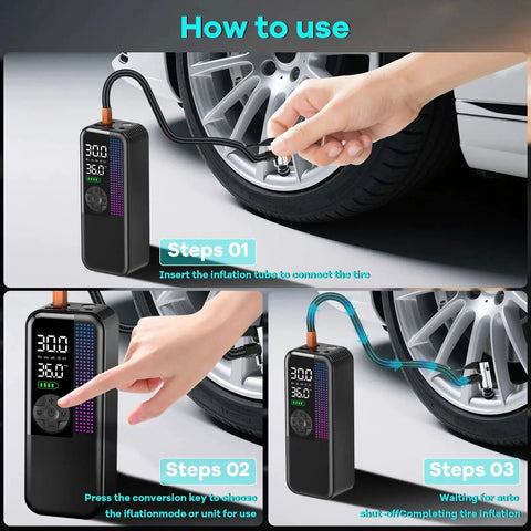 Portable Tire Inflator Air Compressor 150 PSI Cordless With Dual Power 6000mAh 12V Car Plug Fast Inflation in use on car tire.