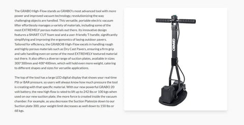 High-Flow Cordless Vacuum Lifter For Pavers And Porous Materials With LED Pressure Display, ergonomic handle, Smart Cut foam seal