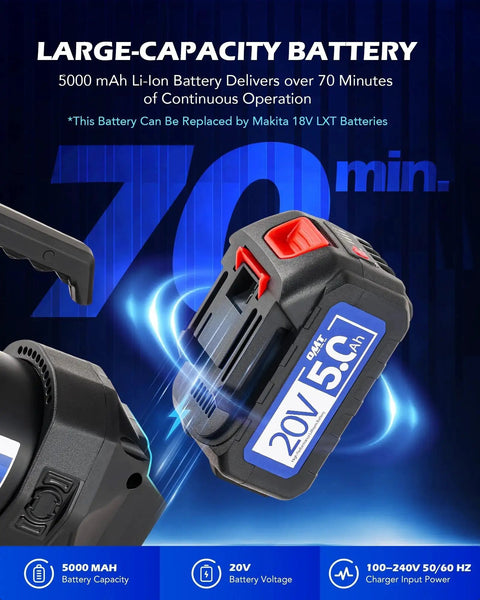 20V lithium battery for cordless 3 CFM vacuum pump, highlighting 5000mAh capacity and 70-minute runtime, Orion Motor Tech.