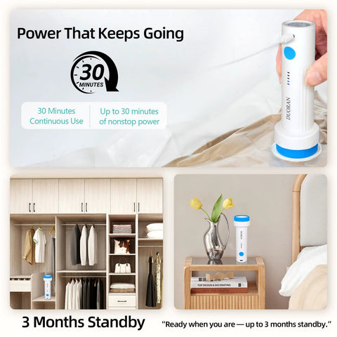 DUORAN cordless electric vacuum pump for vacuum storage bags, white with blue accents, shown in closet and nightstand.