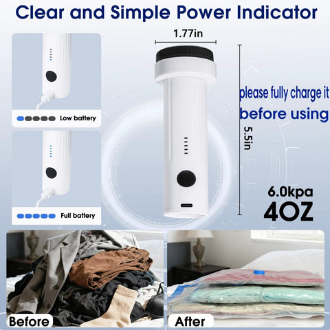 Eunhdet cordless vacuum pump for storage bags; white handheld unit with black cap, USB rechargeable, 6.0 kPa, 4 oz