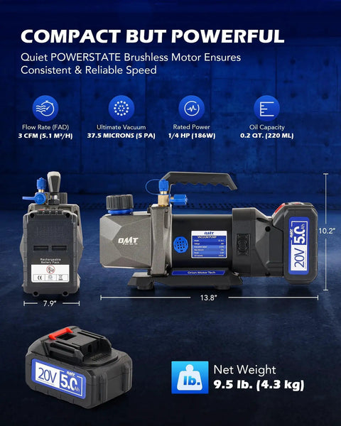 Cordless 3 CFM Vacuum Pump For Auto AC Service With Lithium Ion Battery Powered 1 4 HP Single Stage Pump For R134a R410a R1234yf Systems Portable Lithium Battery For Easy On Go Auto AC Service Durable Construction And Cordless Convenience Orion Motor Tech