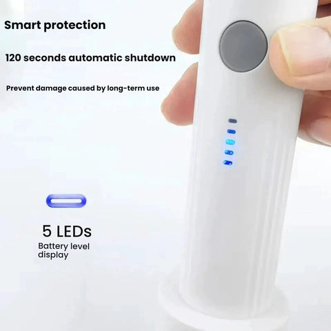 Close-up of Cordless Electric Vacuum Pump For Vacuum Storage Bags Travel Use One Touch Compression showing LED indicators and button.