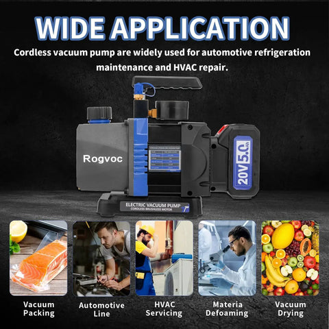 Cordless Vacuum Pump With Beastly Brushless Motor For HVAC And Auto Servicing Rogvoc 3.5 CFM, wide application image.