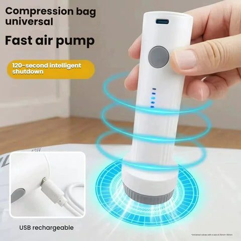 Cordless Electric Vacuum Pump For Vacuum Storage Bags Travel Use One Touch Compression shown with charging cable