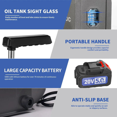 Cordless Vacuum Pump With Beastly Brushless Motor For HVAC And Auto Servicing Rogvoc 3.5 CFM details: oil tank, handle, battery, base
