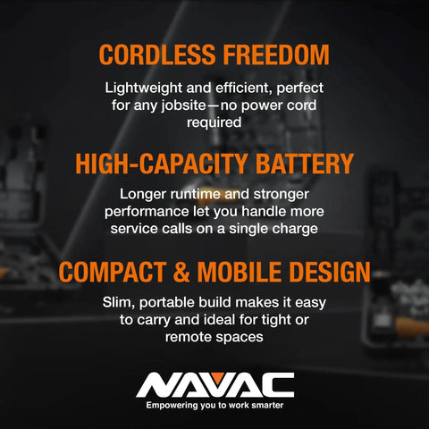 Cordless Vacuum Pump for HVAC Service With Battery Power and Check Valve NAVAC NP2DLM features and logo