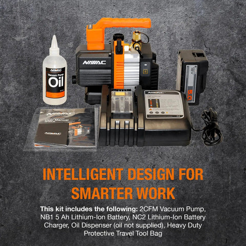 Cordless Vacuum Pump for HVAC Service With Battery Power and Check Valve NAVAC NP2DLM, accessories, and oil bottle on display
