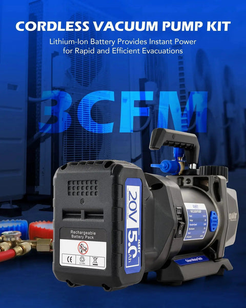 Cordless 3 CFM Vacuum Pump For Auto AC Service With Lithium Ion Battery Powered 1 4 HP Single Stage Pump For R134a R410a R1234yf Systems