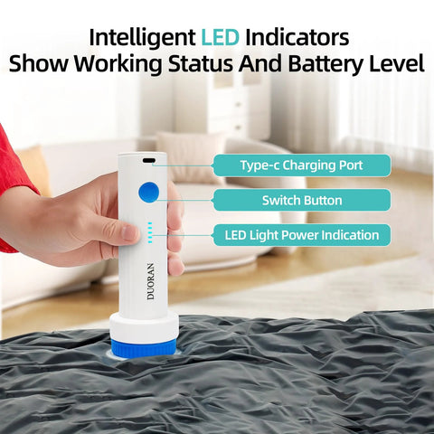 DUORAN cordless electric vacuum pump, white with blue button and Type-C port, for vacuum storage bags