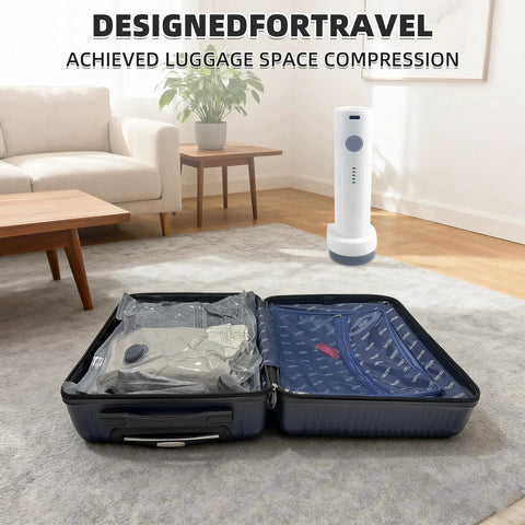 Cordless Electric Vacuum Pump For Vacuum Storage Bags Travel Use One Touch Compression To Quickly Remove Air From Clothes Bedding And Fabrics With 60Kpa Suction No Sweat Manual Pumping OVRRCSME beside open suitcase with compressed clothes