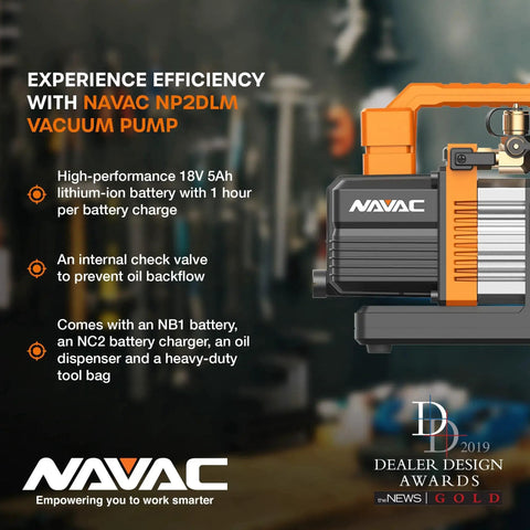 Cordless Vacuum Pump for HVAC Service With Battery Power NAVAC NP2DLM, 2 CFM, check valve, dual stage, 18V 5Ah, 1-hour runtime.