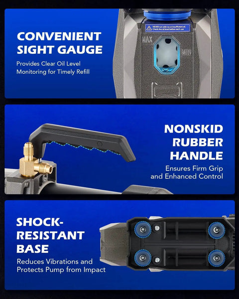 Features of Cordless 3 CFM Vacuum Pump for Auto AC Service: sight gauge, nonskid rubber handle, and shock-resistant base.