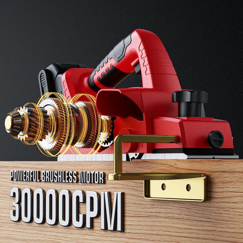 Side view of Milwaukee Cordless Three And One Quarter Inch Wood Planer With Brushless Motor 18V Max Bare Tool on wood surface.