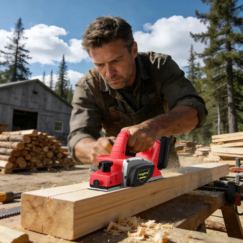 Man using Milwaukee Cordless Three And One Quarter Inch Wood Planer With Brushless Motor 18V Max Bare Tool on a wood plank