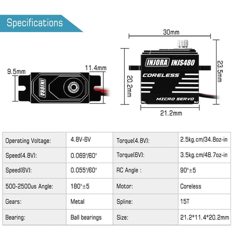 Specifications diagram of Coreless Micro Servo with Servo Horn for 1/24 Axial SCX24 RC Crawler in black, showing dimensions and details.