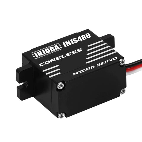 Black Coreless Micro Servo with Servo Horn for 1/24 Axial SCX24 RC Crawler, shown in aluminum case with model number visible.