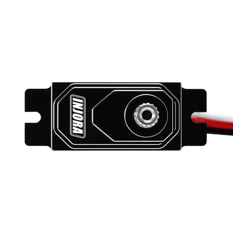Top view of black Coreless Micro Servo with Servo Horn for 1/24 Axial SCX24 RC Crawler with wires attached