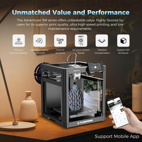 All Metal CoreXY Desktop 3D Printer With No Fuss Automatic Bed Leveling And Ultra Fast 600mm Per Second Printing For Pristine First Layers, 280°C Direct Extruder With 3S Detachable Nozzle, 220x220x220mm Build Volume, Adventurer 5M By FlashForge displayed with mobile app support
