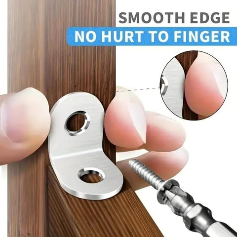 Close-up of a 10pcs Corner Bracket Set with Screws, Suitable for Wooden Furniture Like Chairs, Drawers, and Cabinets, smooth edge design.