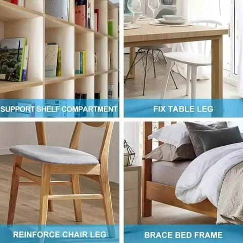 Image showing various applications of the 10pcs Corner Bracket Set with Screws. Used to support shelves, fix tables, reinforce chairs, brace bed frames.