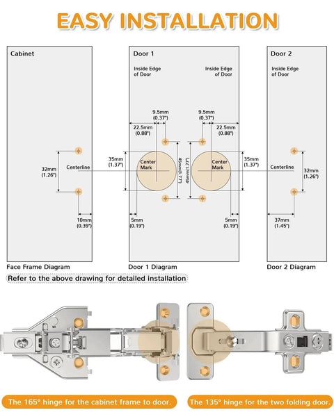 Installation guide for Two Pair 135 Degree and 165 Degree Corner Cabinet Hinges Kit with diagrams and instructional labels.