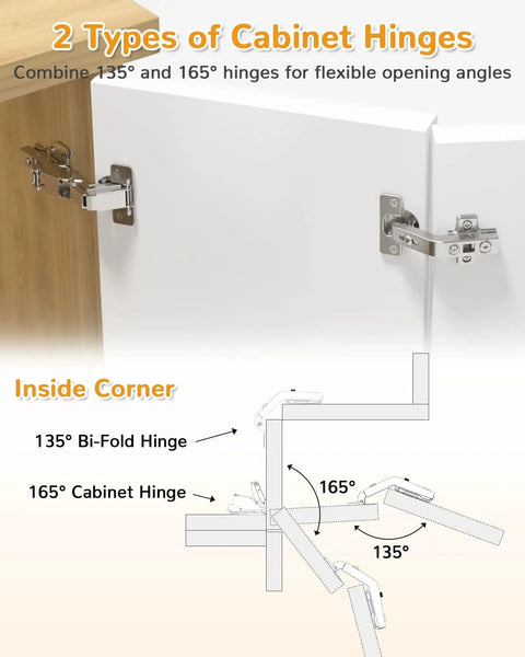 Two Pair 135 Degree and 165 Degree Corner Cabinet Hinges Kit for Pie Corner Cabinets and Hidden Lazy Susan close-up view
